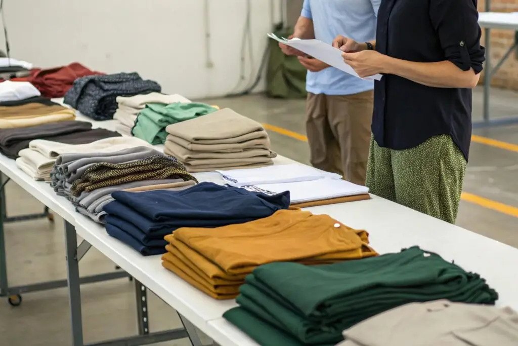 Hàng may mặc sản xuất theo lô tối thiểu, cho thấy MOQ áp dụng chung cho nhiều ngành