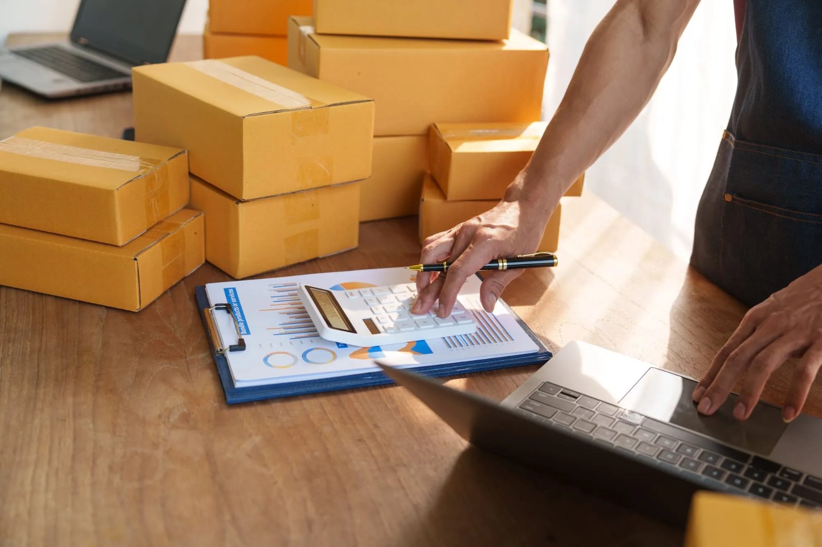 Nhân viên xuất nhập khẩu đối chiếu hóa đơn hình thức và phiếu gửi chuyển phát nhanh của lô hàng mẫu Hàn Quốc
