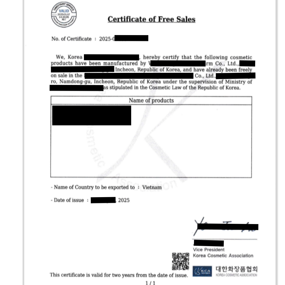 Hồ sơ công bố mỹ phẩm Hàn Quốc kèm giấy chứng nhận lưu hành tự do CFS bản gốc