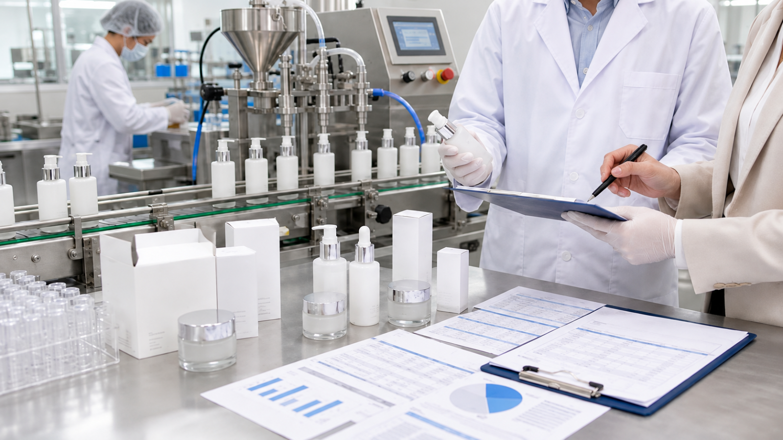 Dây chuyền chiết rót skincare tại nhà máy gia công mỹ phẩm Hàn Quốc